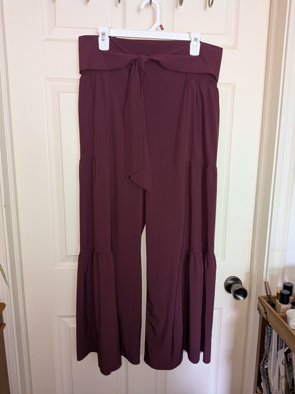 HALARA Wine Tiered Wide-Leg Tie-Waist Pants